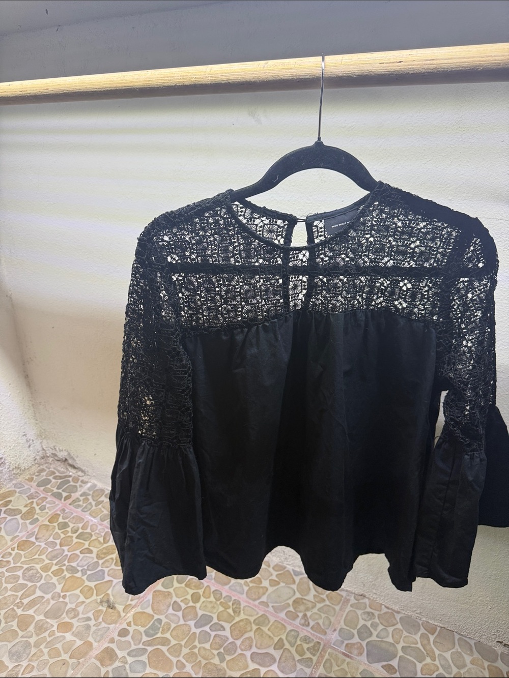 Who What Wear Black Crochet Yoke Blouse
